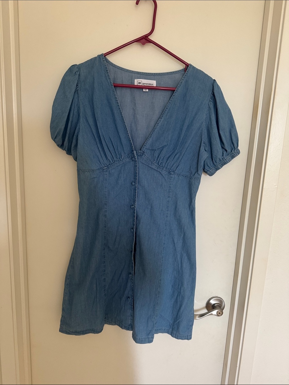 a new day Light Blue Denim V-Neck Button-Front Puff Sleeve Tunic Dress